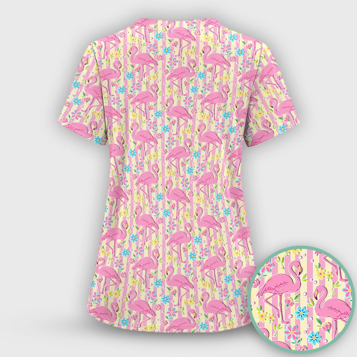 Pink Flamingo Flower Stripe Nurse Scrub Set