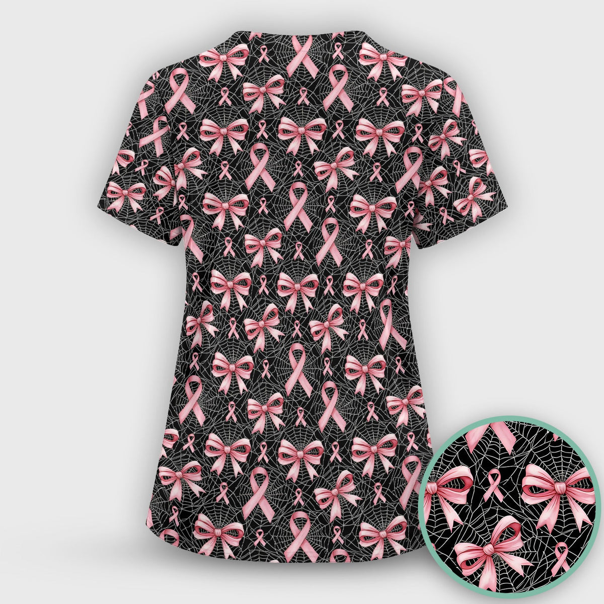 Pink Ribbon Pattern Nurse Scrub Top