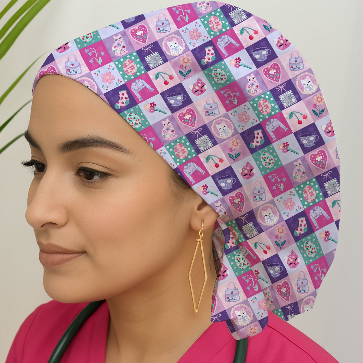 Pastel Cat Patchwork Nurse Scrub Cap