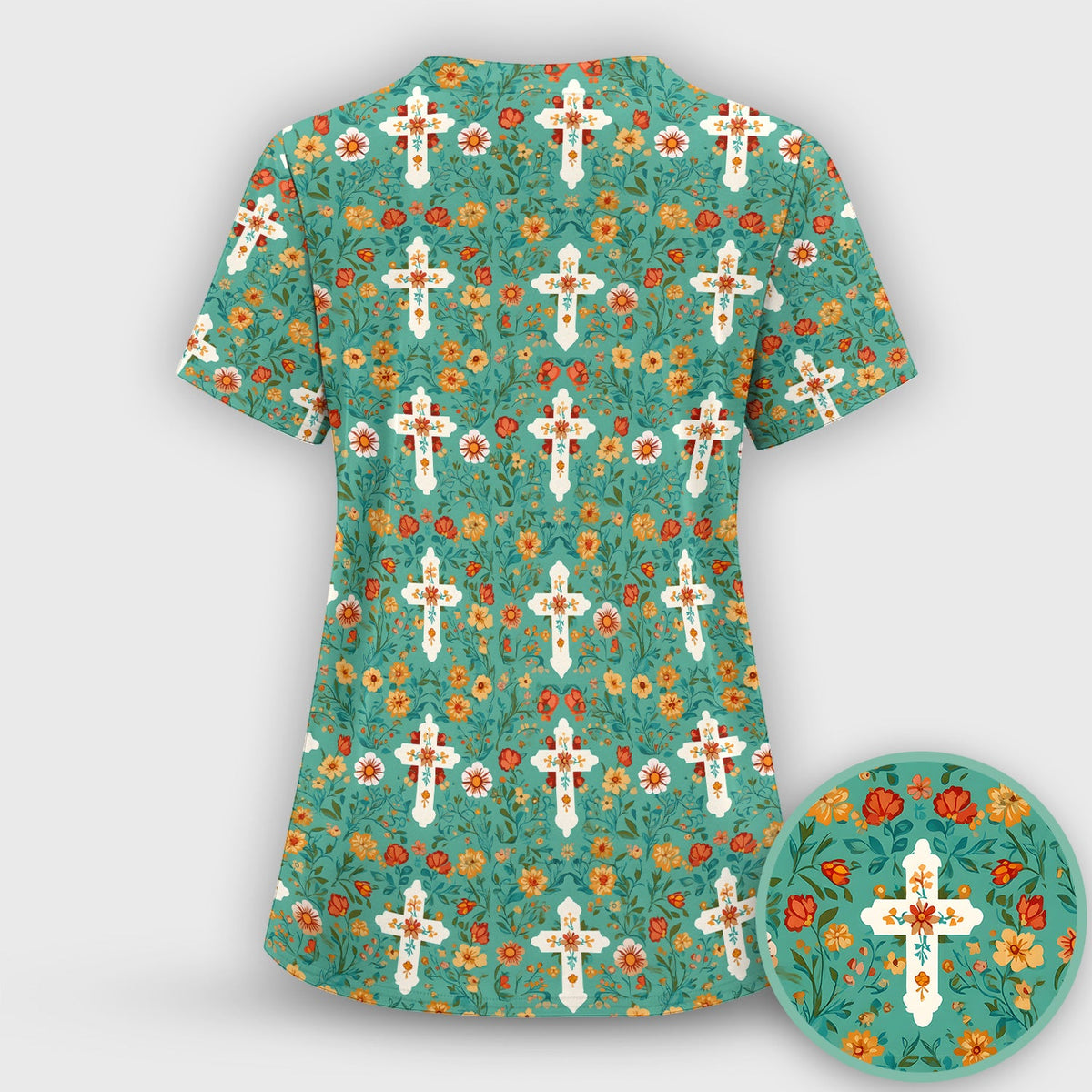 Christian Faith Floral Cross Nurse Scrub Top