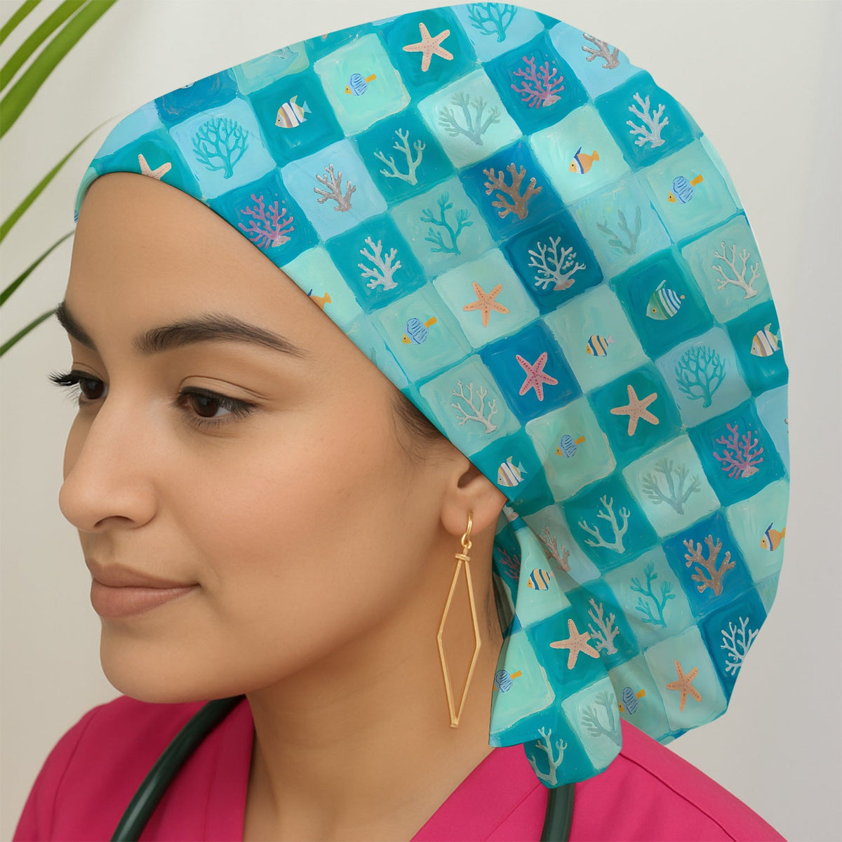 Ocean Coral Fish Starfish Nurse Scrub Cap