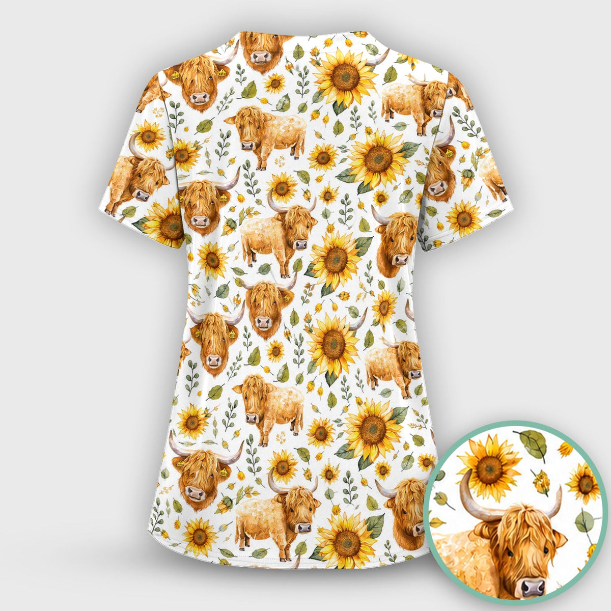Highland Cow Sunflower Pattern Nurse Scrub Top