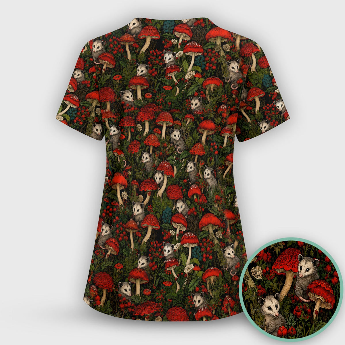 Woodland Opossum Red Mushroom Nurse Scrub Top