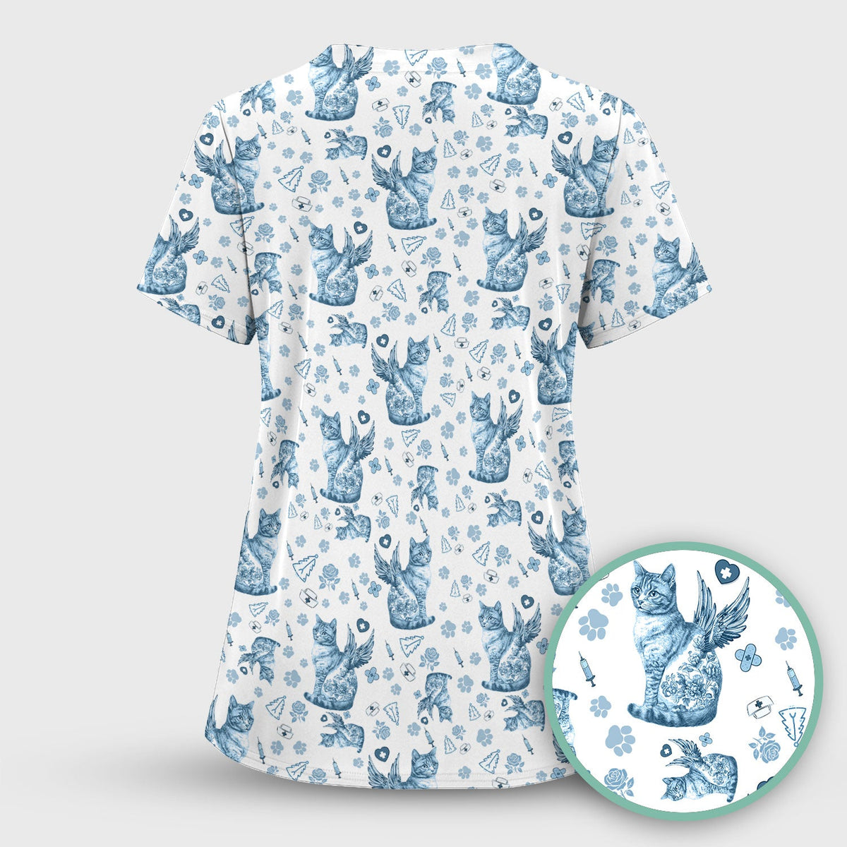 Toile de Jouy Cat Angel Scrub Top - Blue Vintage Nurse Shirt - French Style Medical Uniform for Women RN LPN CNA Gift