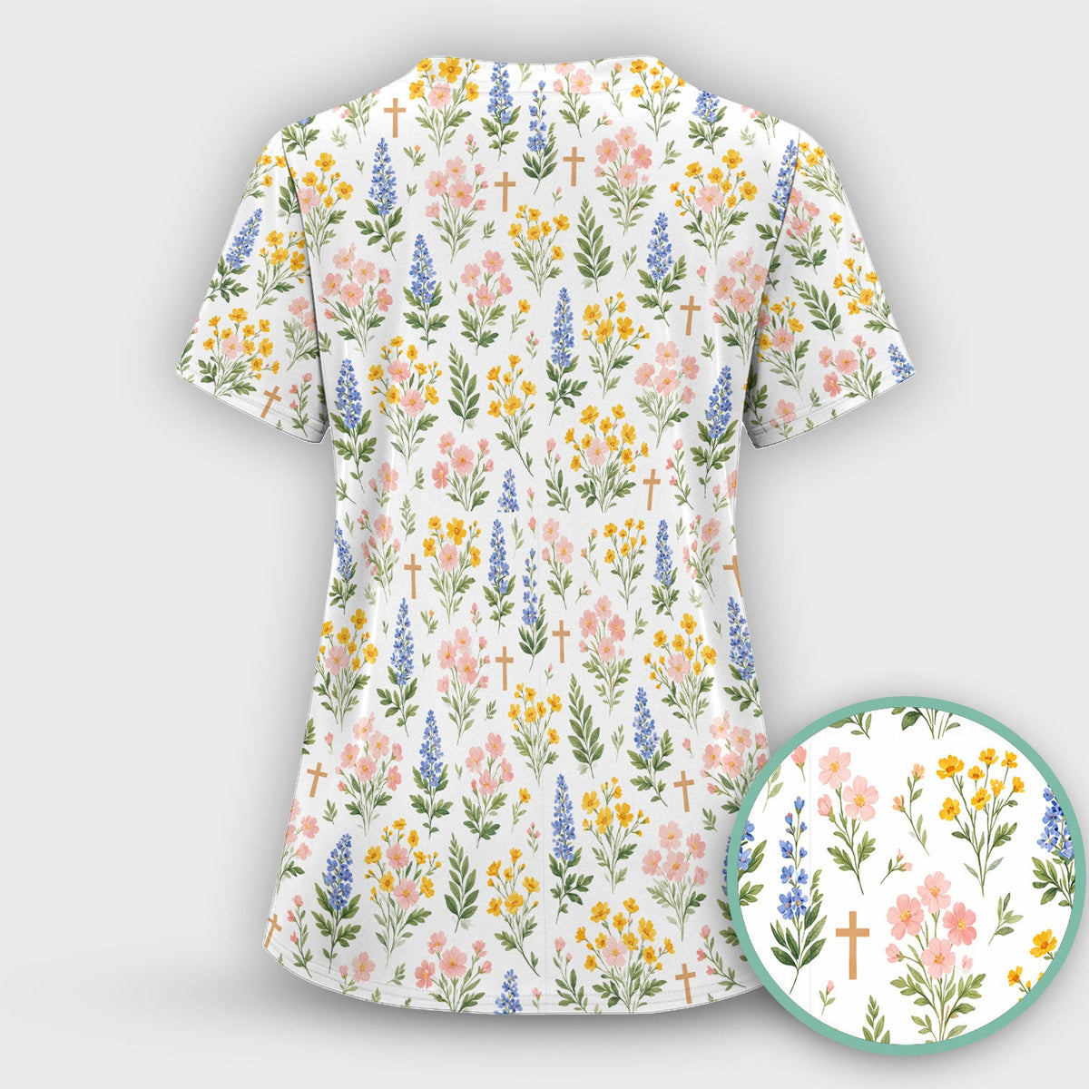 Pastel Floral Cross Nurse Scrub Top