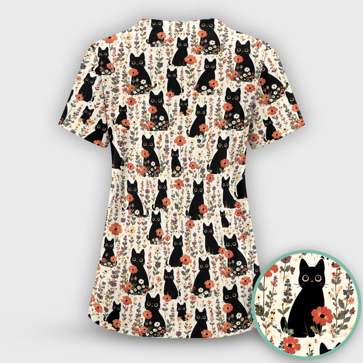 Cute Black Cat Wildflower Nurse Scrub Top