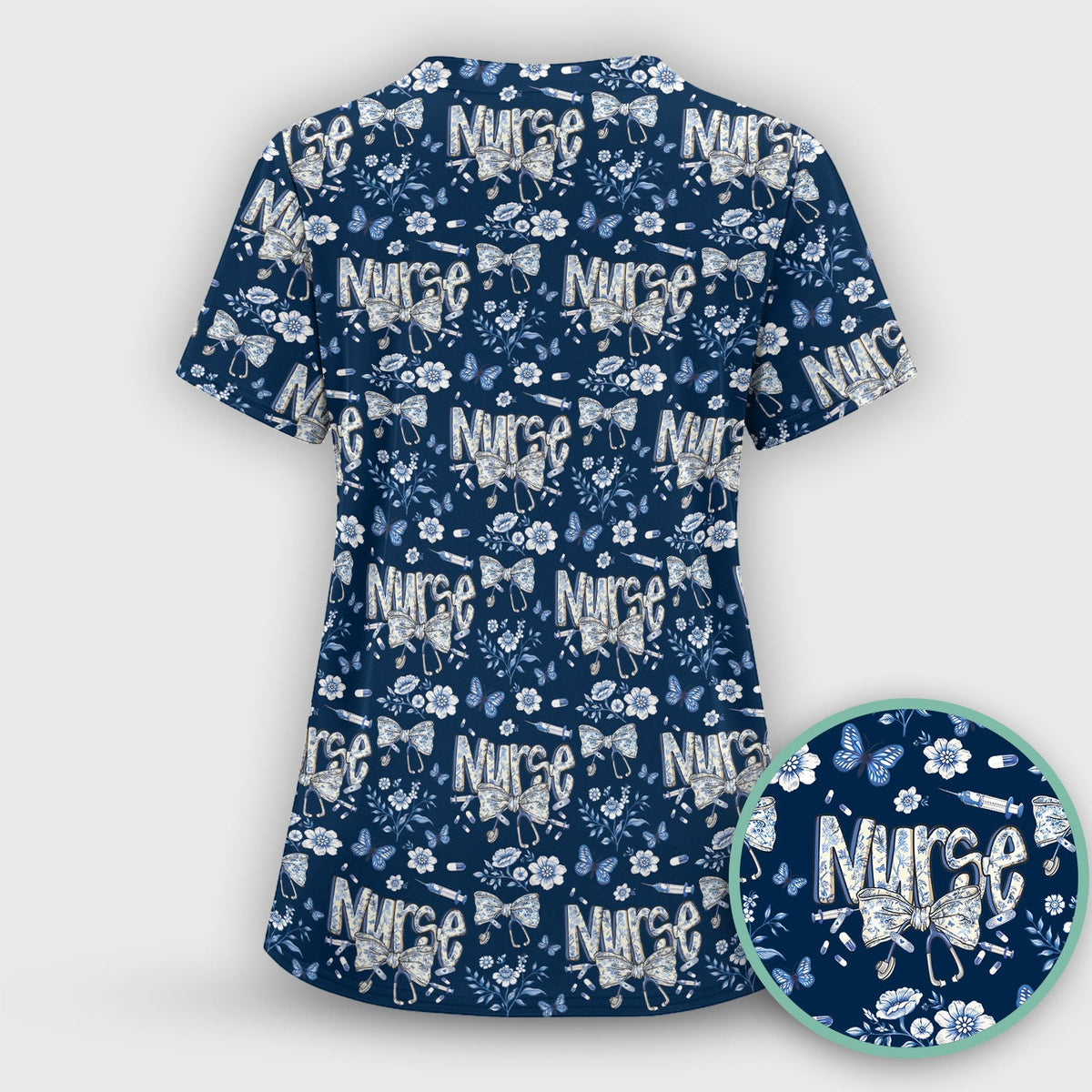 Blue Nurse Bow Butterfly Floral Scrub Set