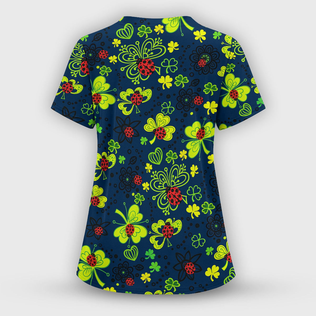 Ladybug Clover Floral Pattern Print Scrub Sets, Scrub Pants and V Neck Top
