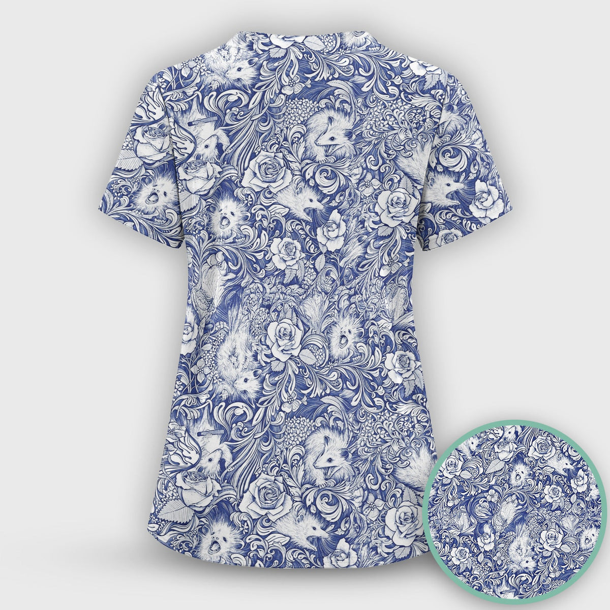 Blue Floral Opossum And Roses Nurse Scrub Set
