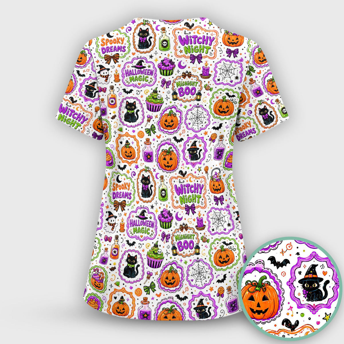 Halloween Black Cats Pumpkins Nurse Scrub Top