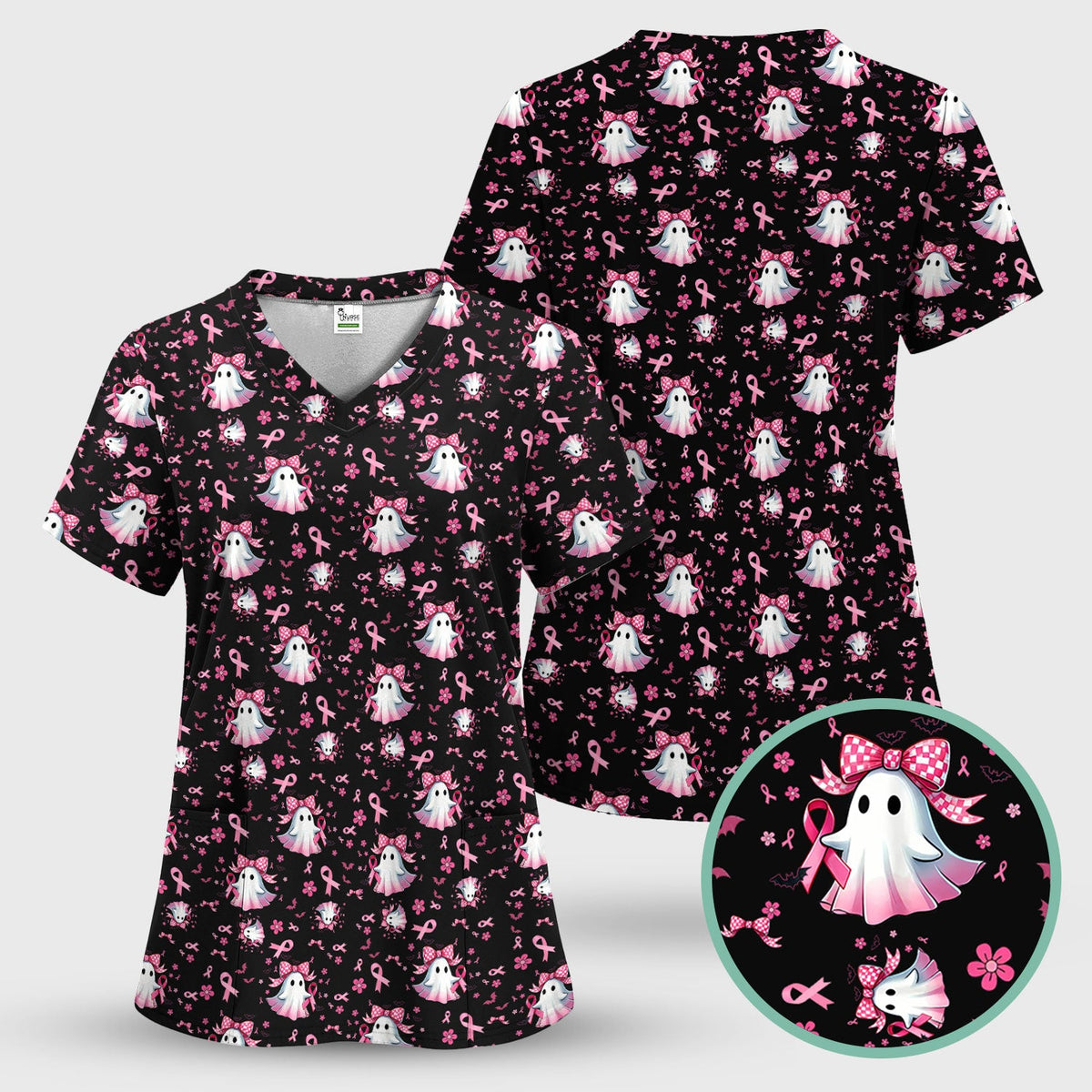 Spooky Ghost Pink Ribbon Nurse Scrub Top - Breast Cancer Gift
