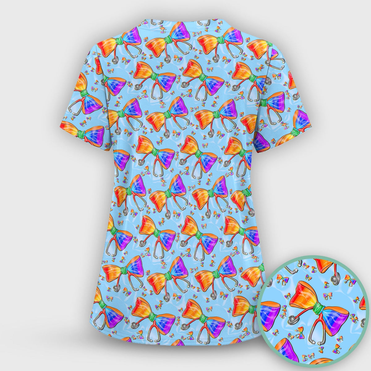 Colorful Rainbow Bow Stethoscope Nurse Scrub Top