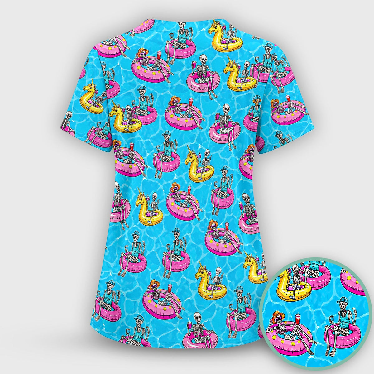 Summerween Skeleton Pool Float Nurse Scrub Top