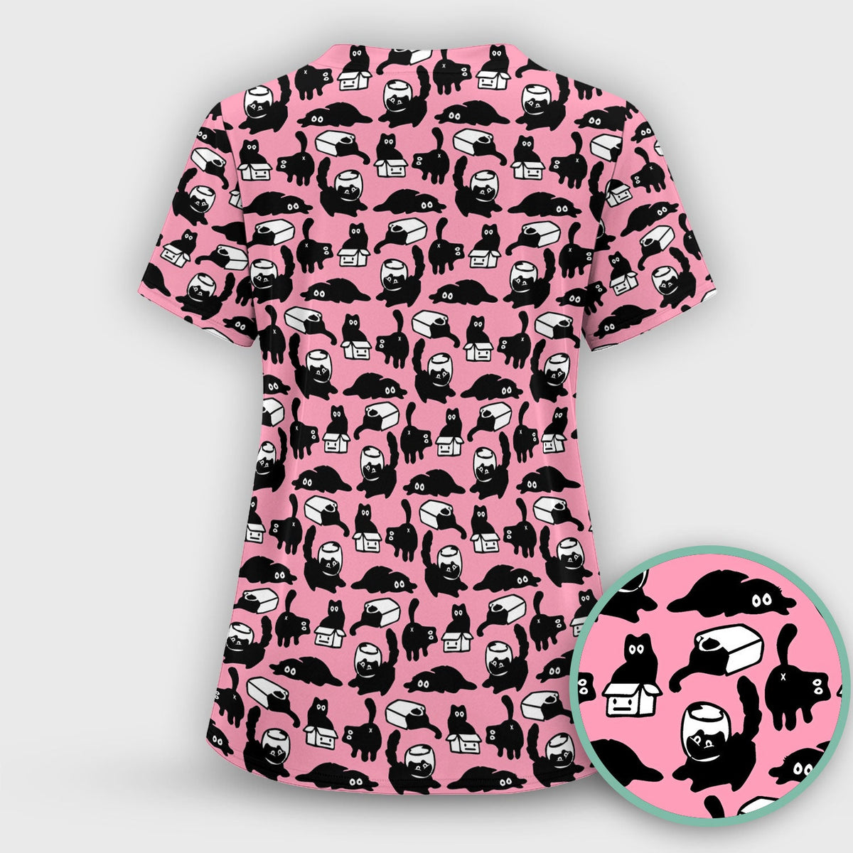 Dark Playful Cat Cartoon Pattern Scrub Set, Breathable Med Uniform