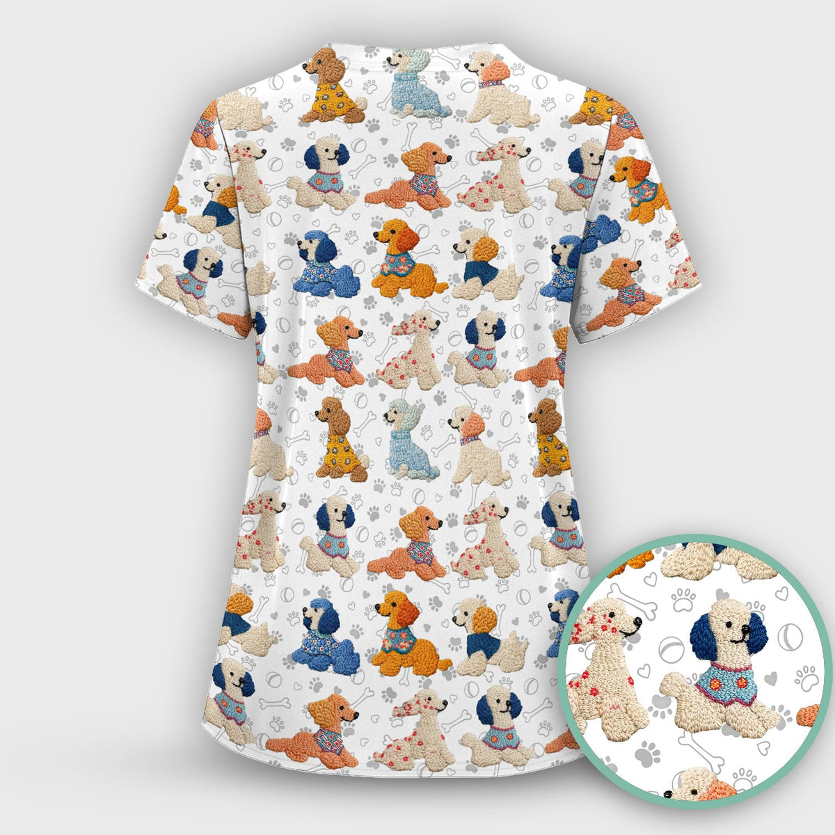 Cute Colorful Poodle Pattern Scrub Set, Scrub Pants and V Neck Top