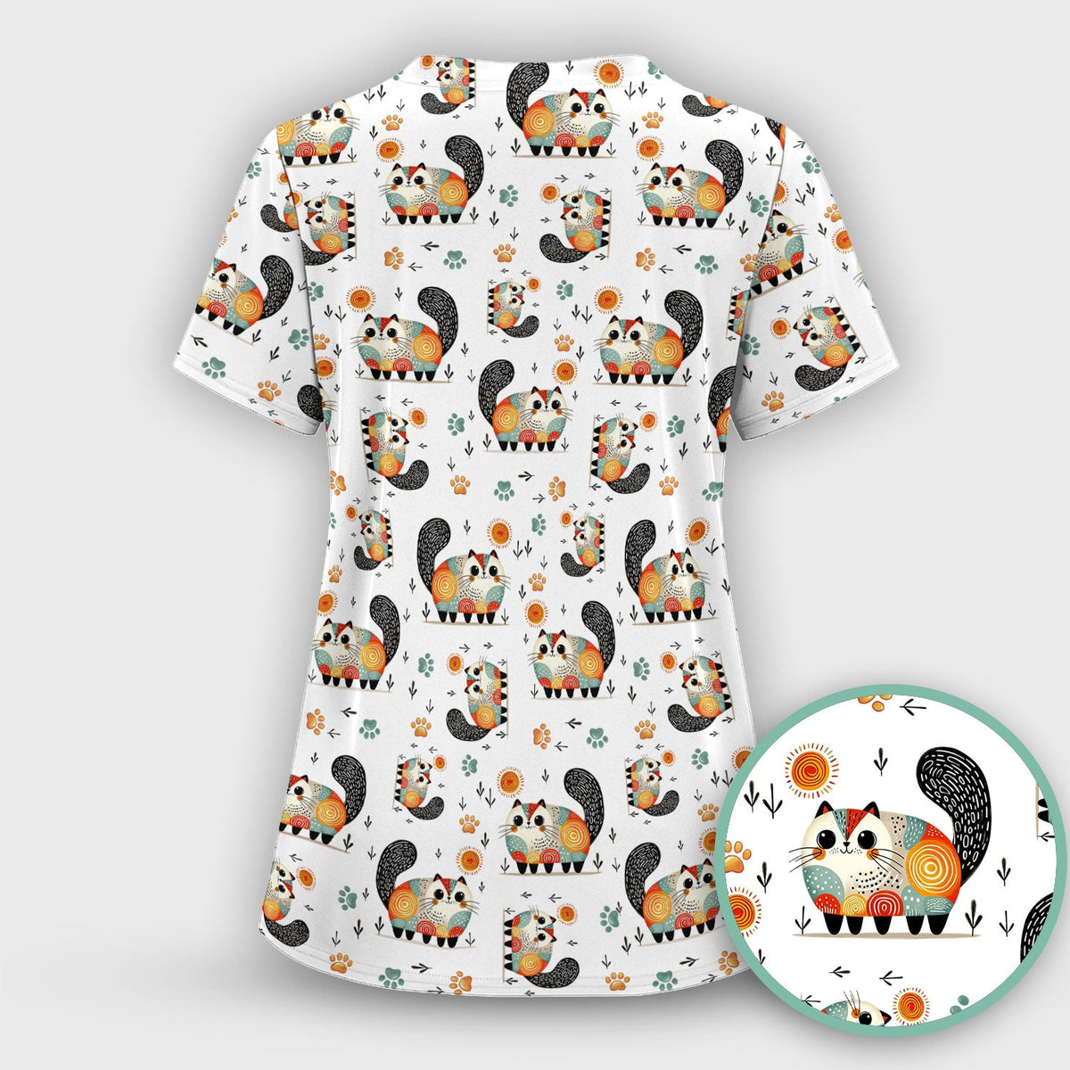 Cat Illustration Nurse Scrub Top