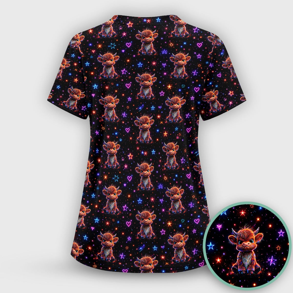 Neon Highland Cow Stars Nurse Scrub Top