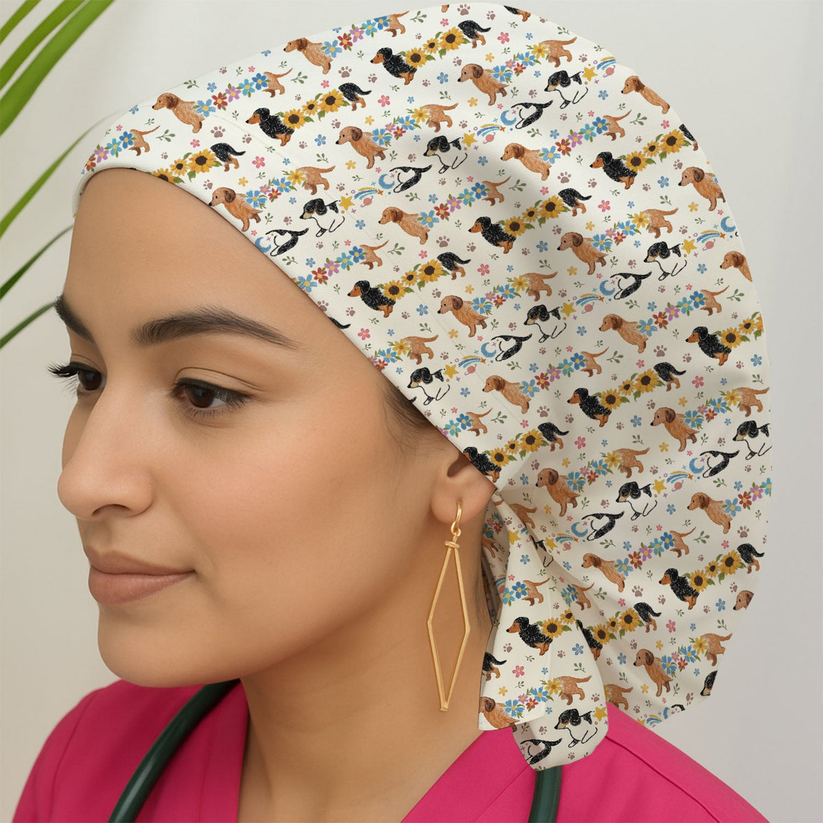 Floral Wiener Dog Scrub Cap