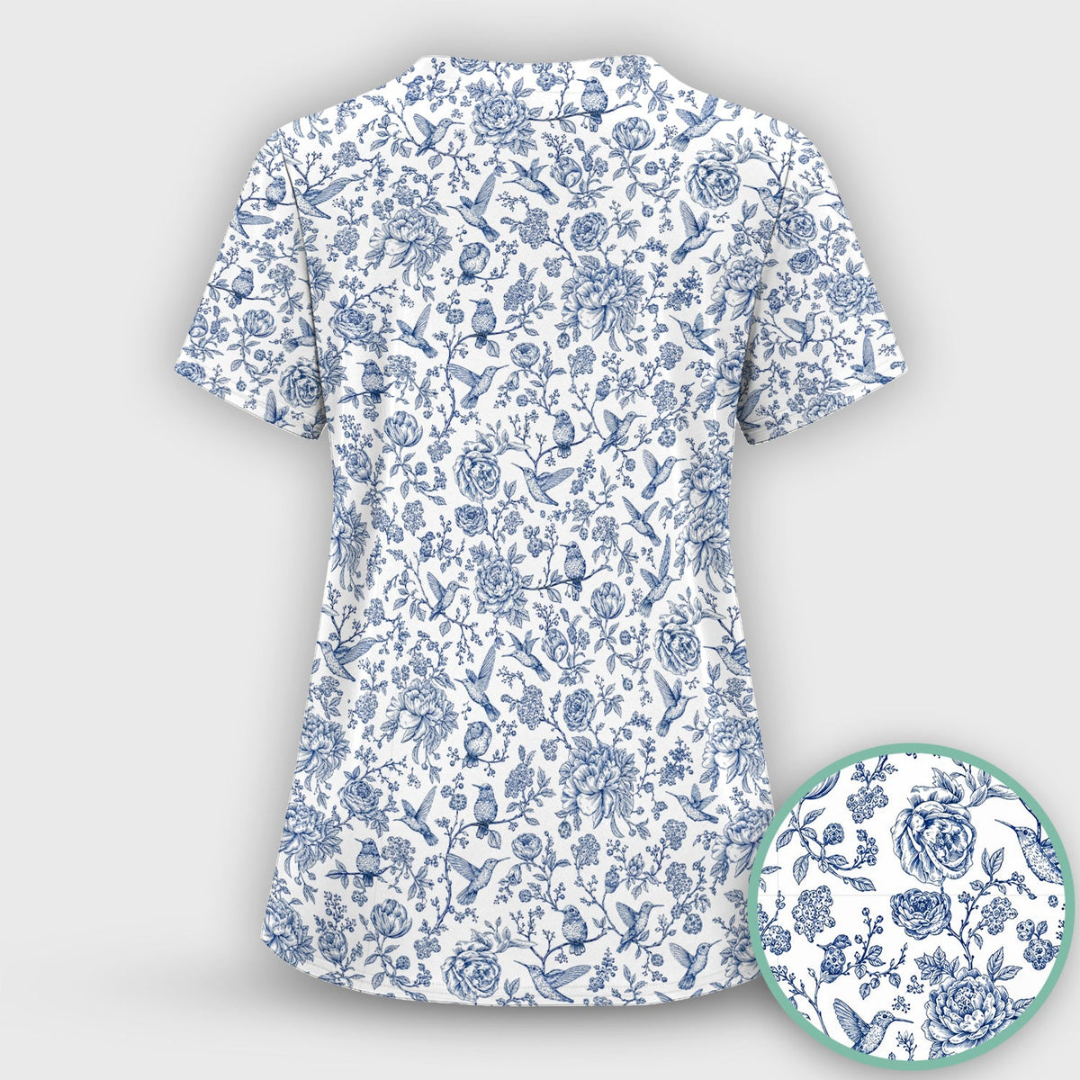 Blue Toile Hummingbird Floral Nurse Scrub Set