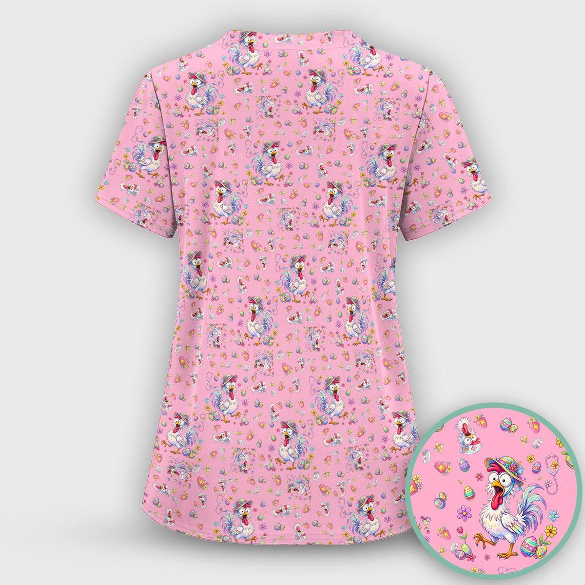 Funny Easter Nurse Chicken Pattern Scrub Top, Comfortable Scrubs for Nurses
