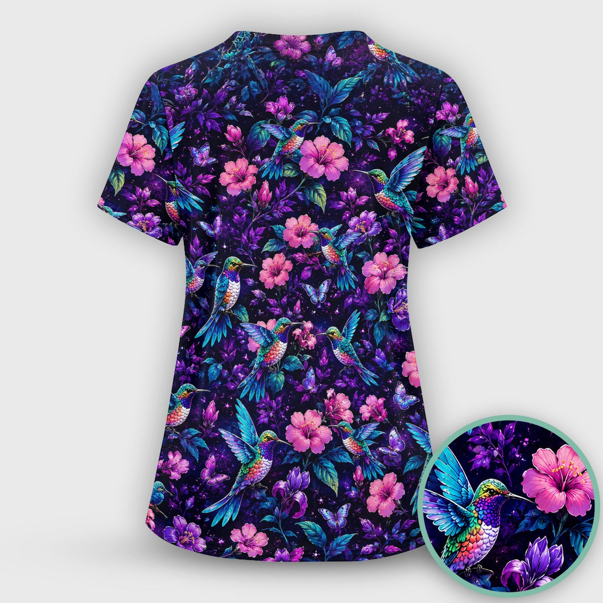 Vibrant Hummingbird Hibiscus Blossom Nurse Scrub Top