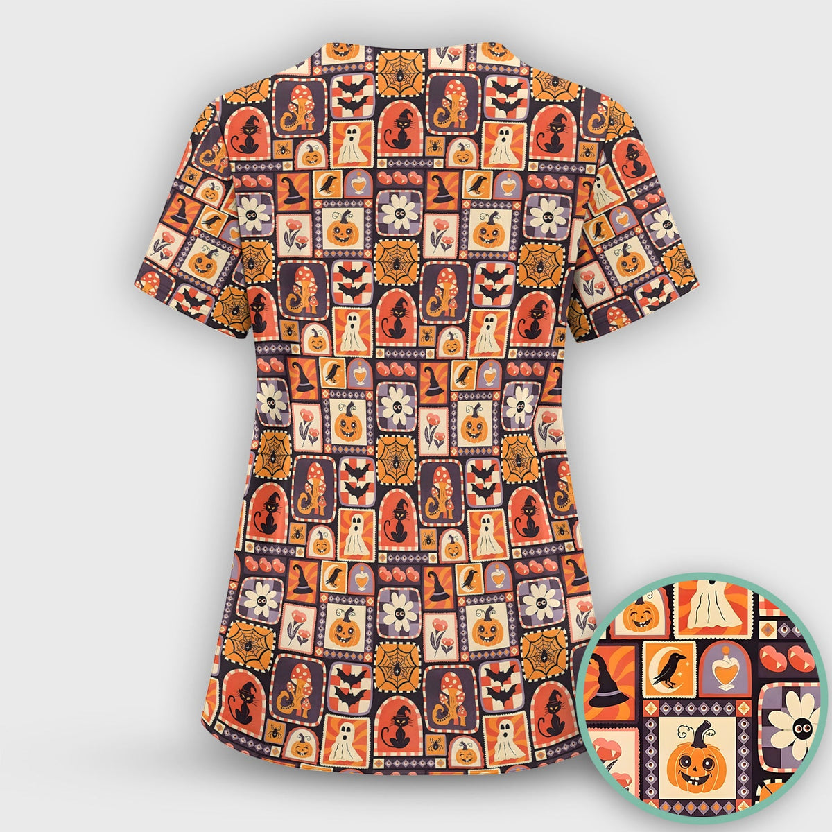 Retro Halloween Patchwork Nurse Scrub Top