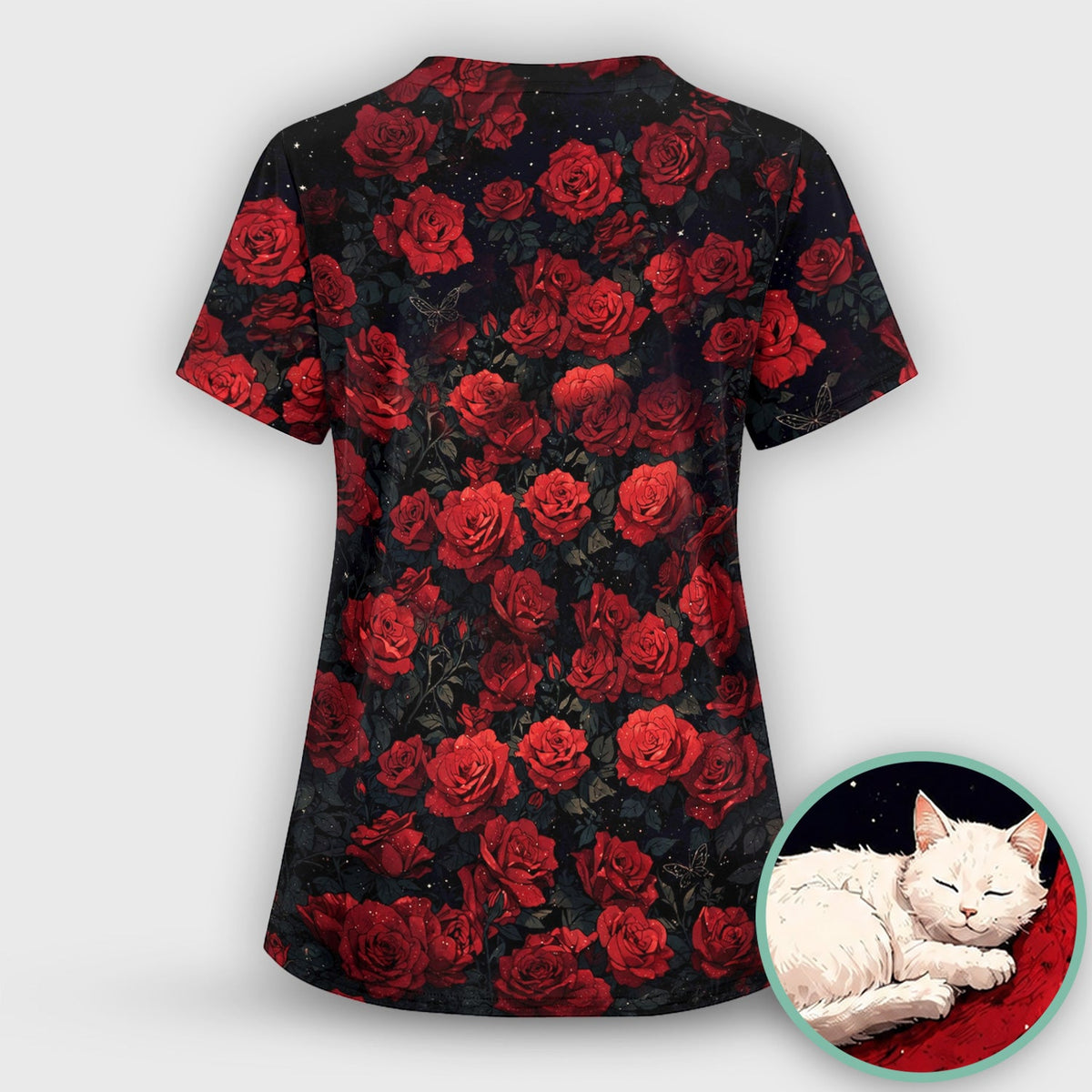 Gothic Red Moon Cat Nurse Scrub Top