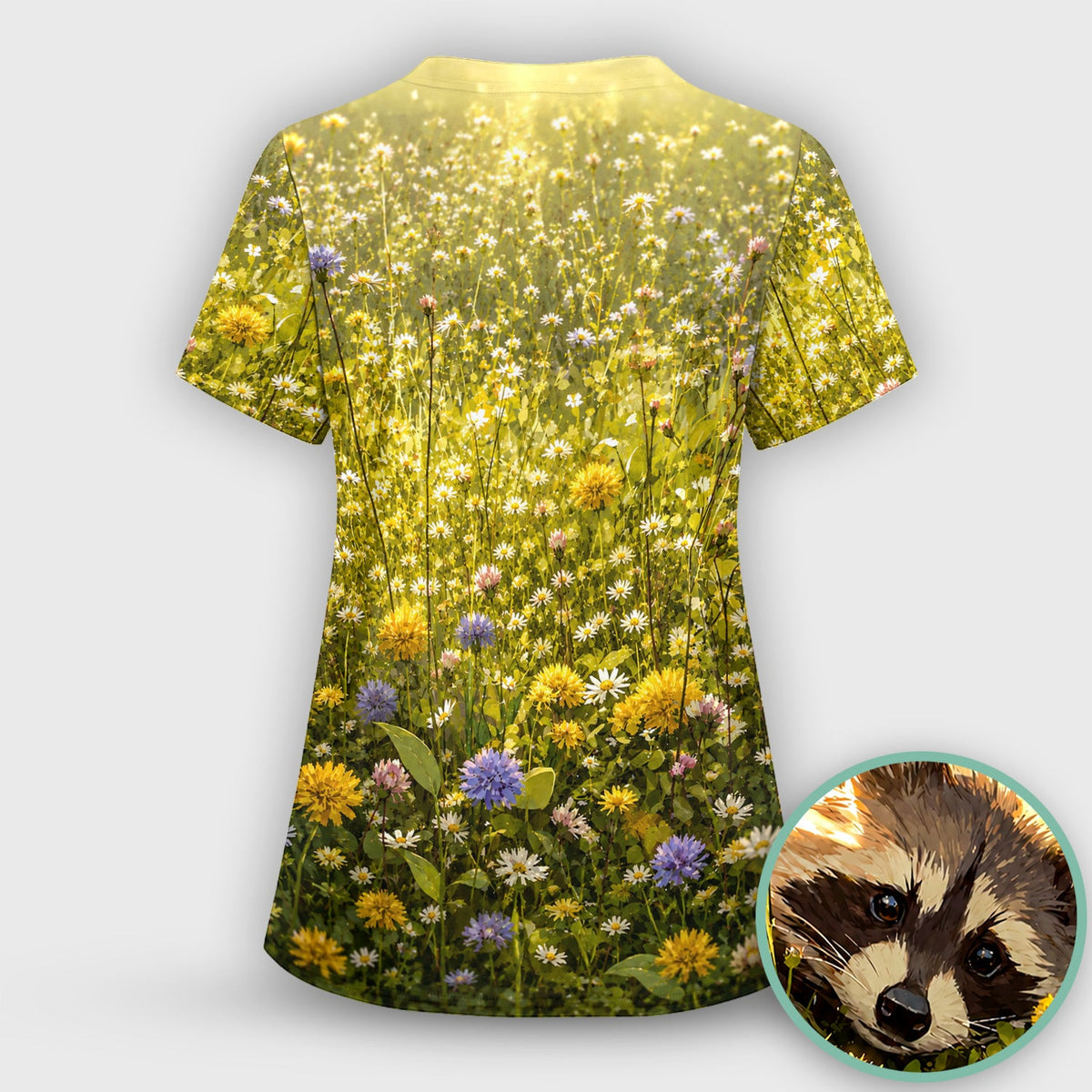 Meadow Raccoon Wildflower Garden Nurse Scrub Top