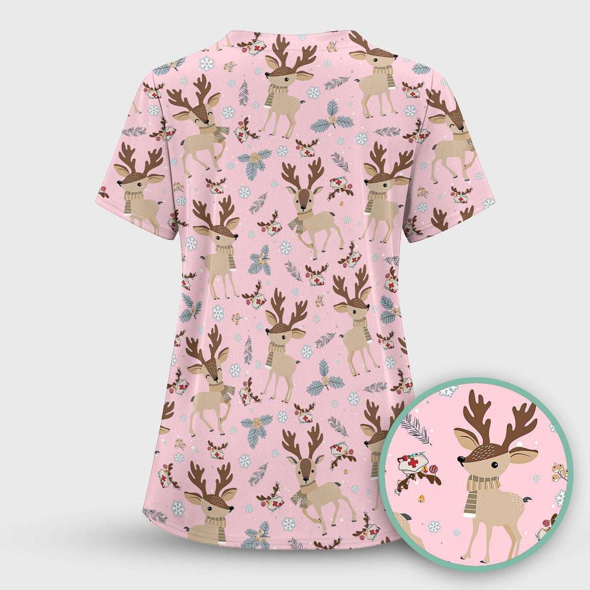 Reindeer Christmas Scrub Top - Cozy Beige Holiday Nurse Shirt with Cute Deer Pattern - Festive Medical Scrubs for Women RN CNA LPN