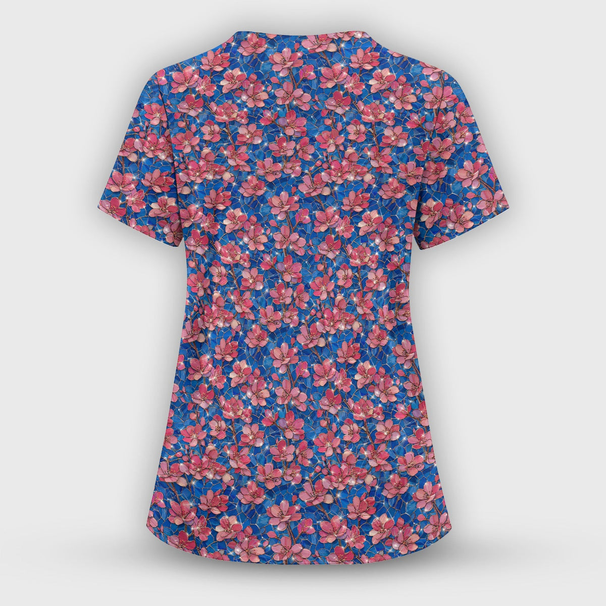 Pink Cherry Blossom Floral Nurse Scrub Top