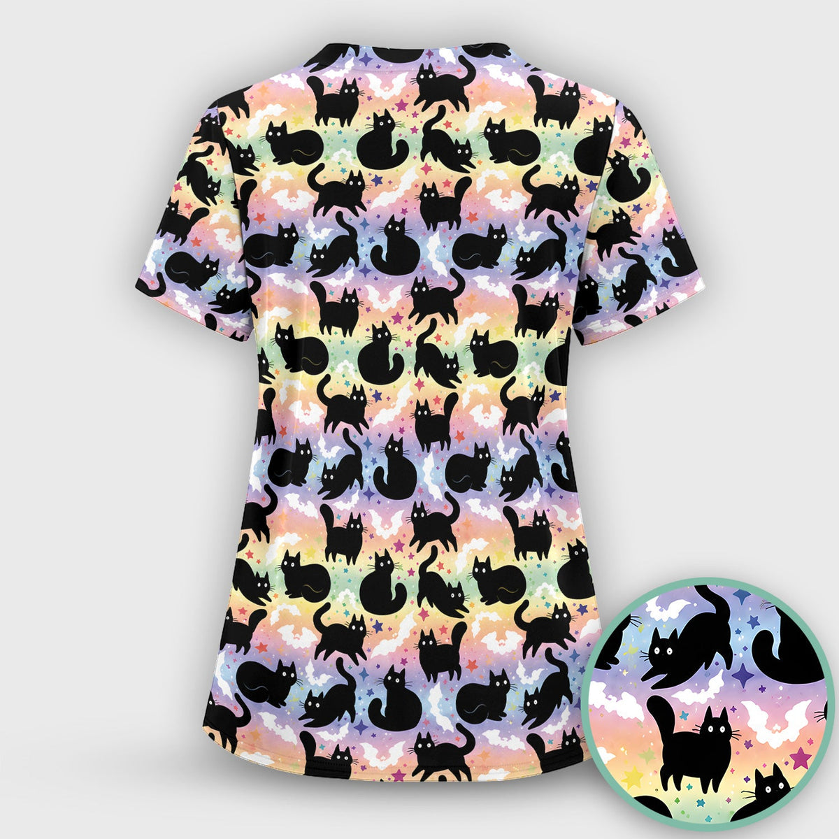 Pastel Star Black Cat Nurse Scrub Top