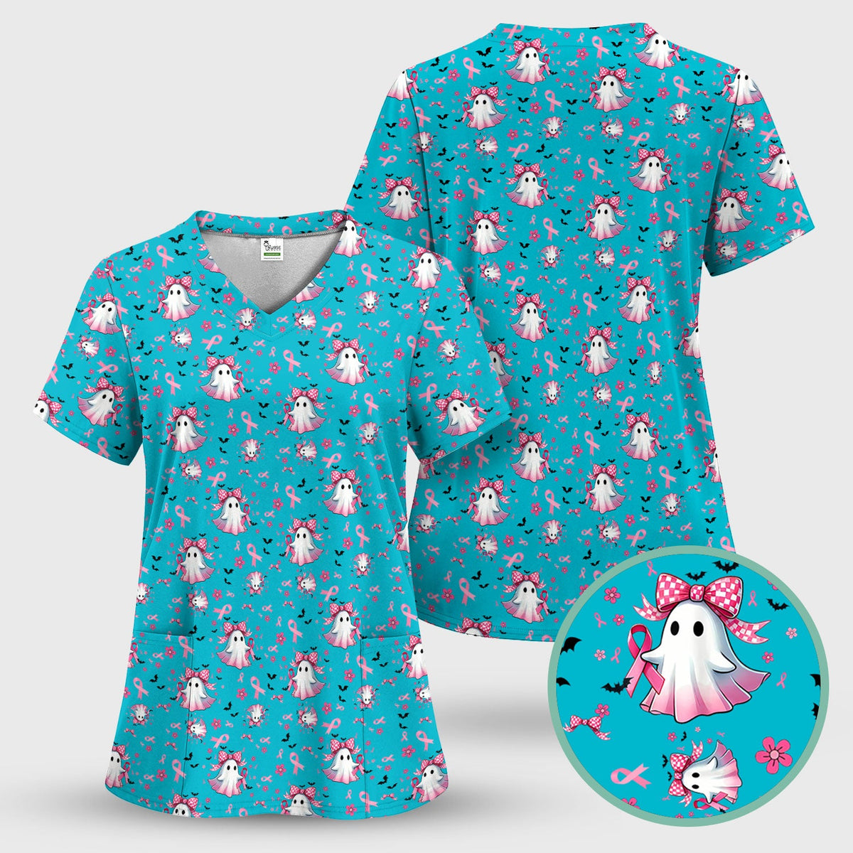 Spooky Ghost Pink Ribbon Nurse Scrub Top - Breast Cancer Gift