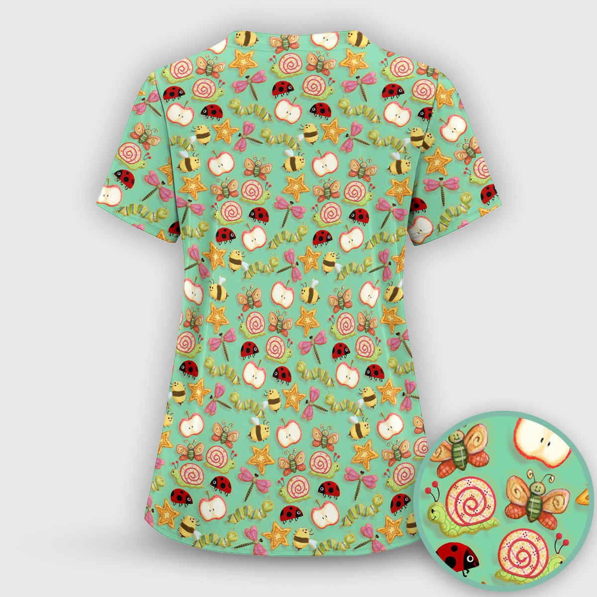 Snail Ladybug Caterpillar Apple Garden Nurse Scrub Top