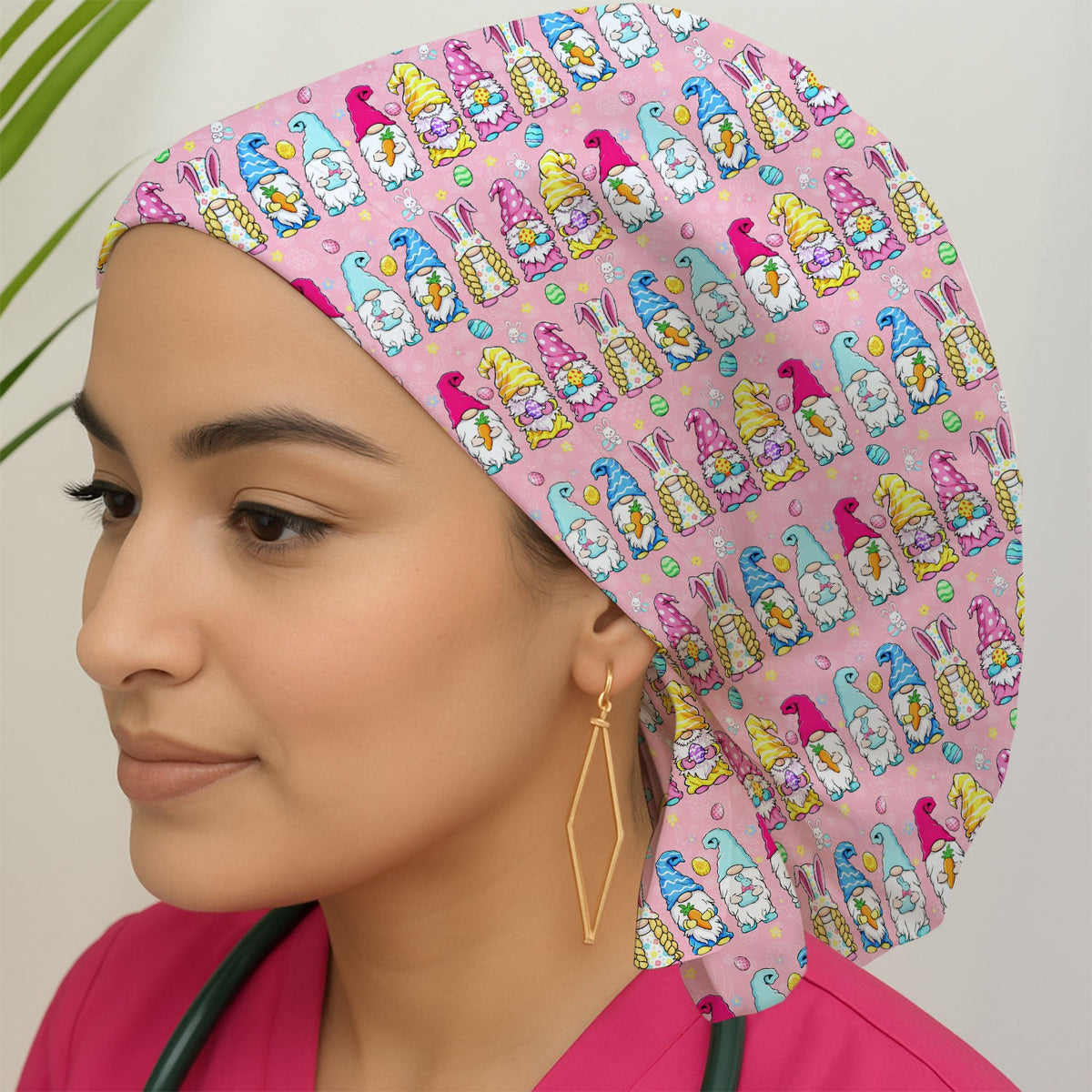 Colorful Easter Gnome Bunny Eggs Scrub Cap