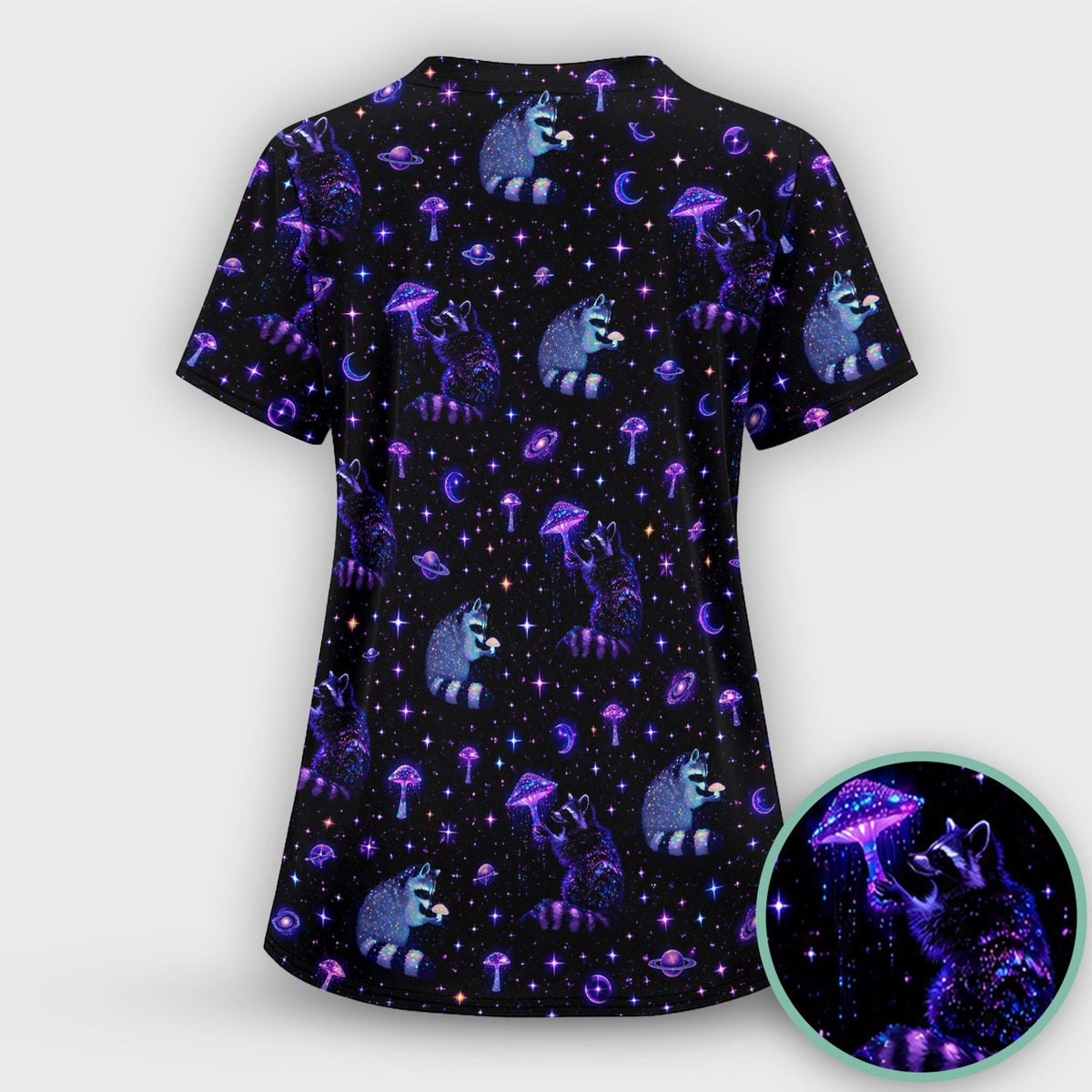 Cute Raccoon Mushroom Galaxy Pattern Scrub Set, Scrub Pants and V Neck Top