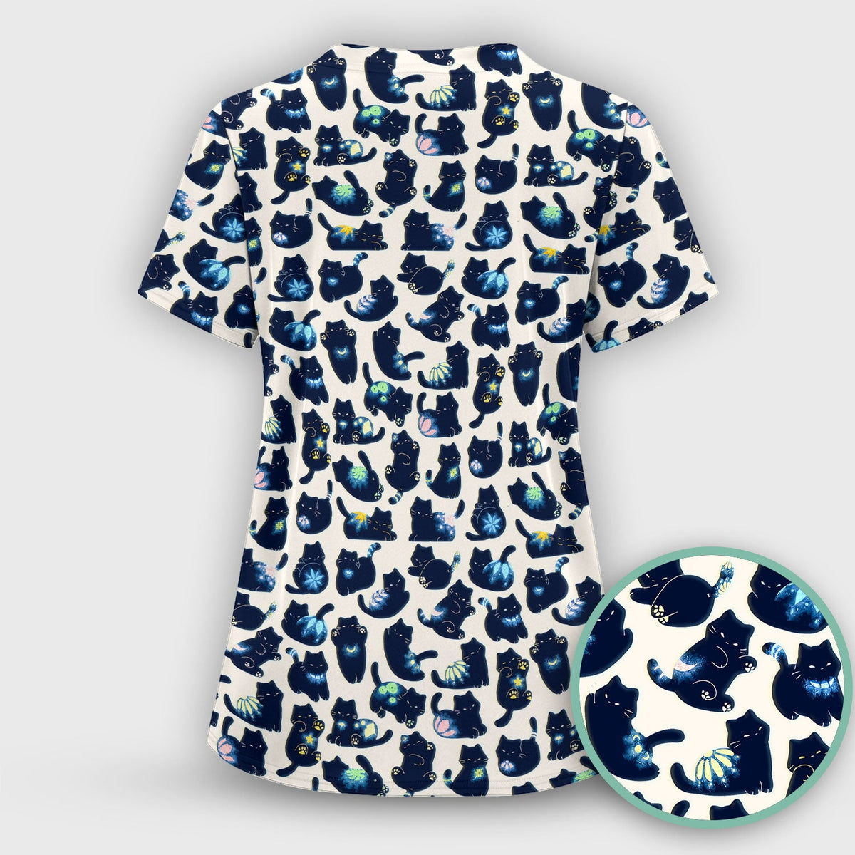 Midnight Black Cat Nurse Scrub Top