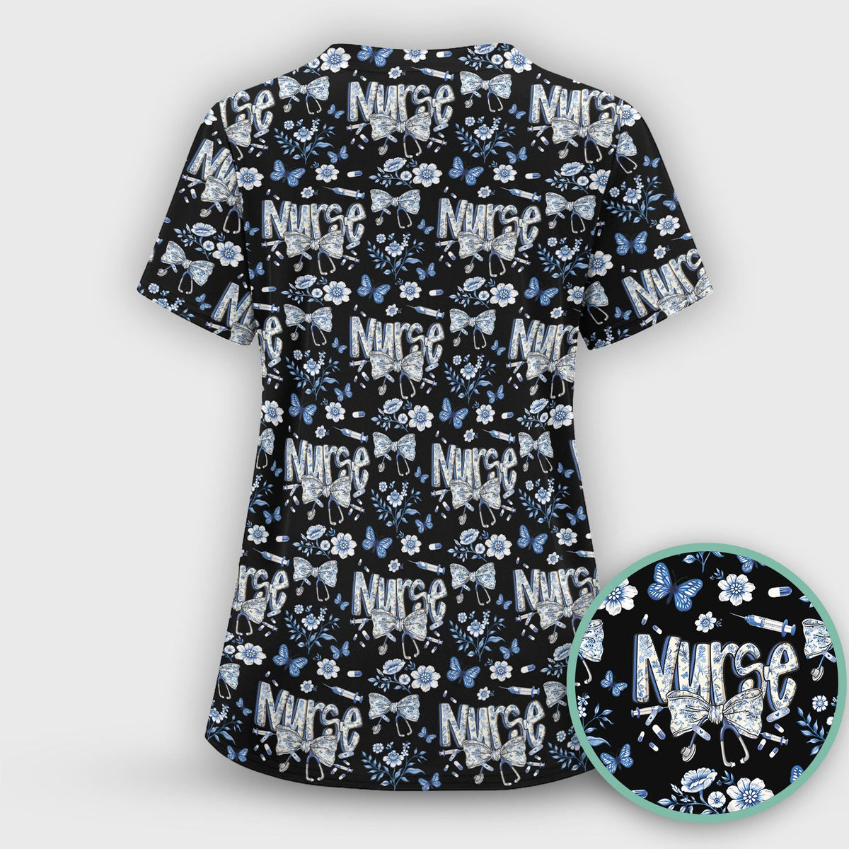 Blue Nurse Bow Butterfly Floral Scrub Set