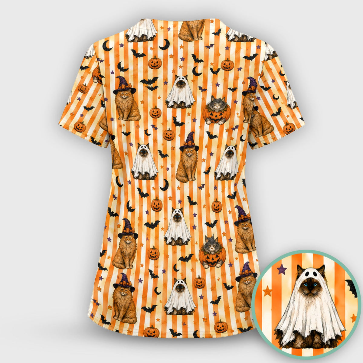 Cat Print Nurse Scrub Top - Halloween Gift
