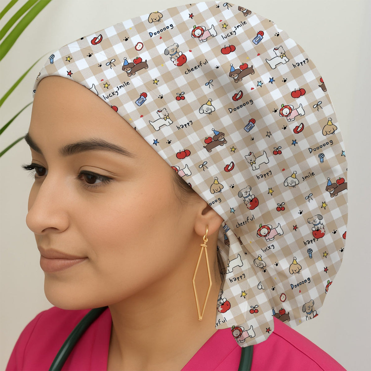 Cartoon Puppy Apple Gingham Scrub Cap