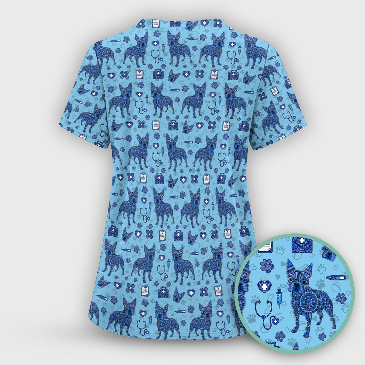 Blue Heeler Australian Cattle Dog Scrub Top, Australia Dot Art Pattern Shirt, Breathable Fabrics Nursing Uniform