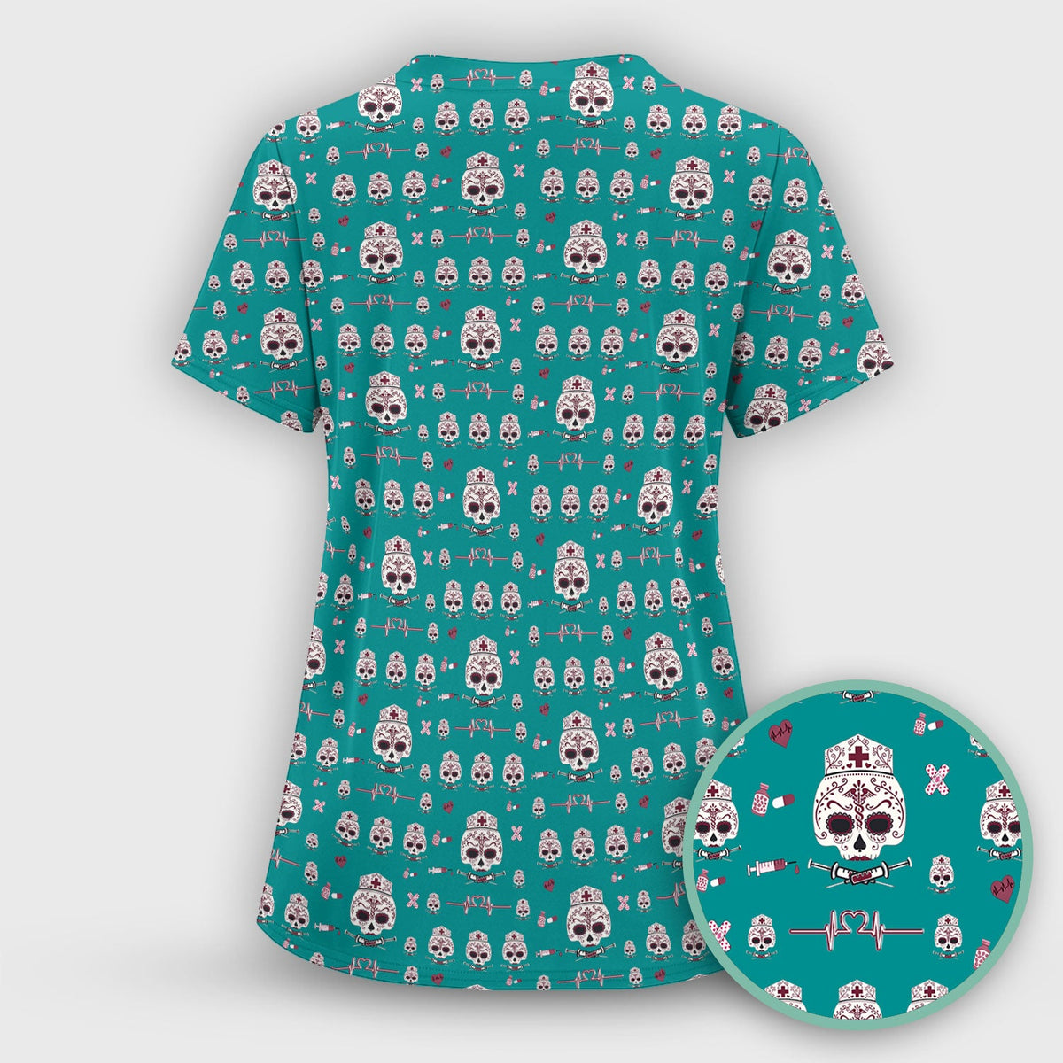 Sugar Skull Scrub Top, Skull Pattern Scrub Shirt, Breathable Fabrics Nursing Uniform