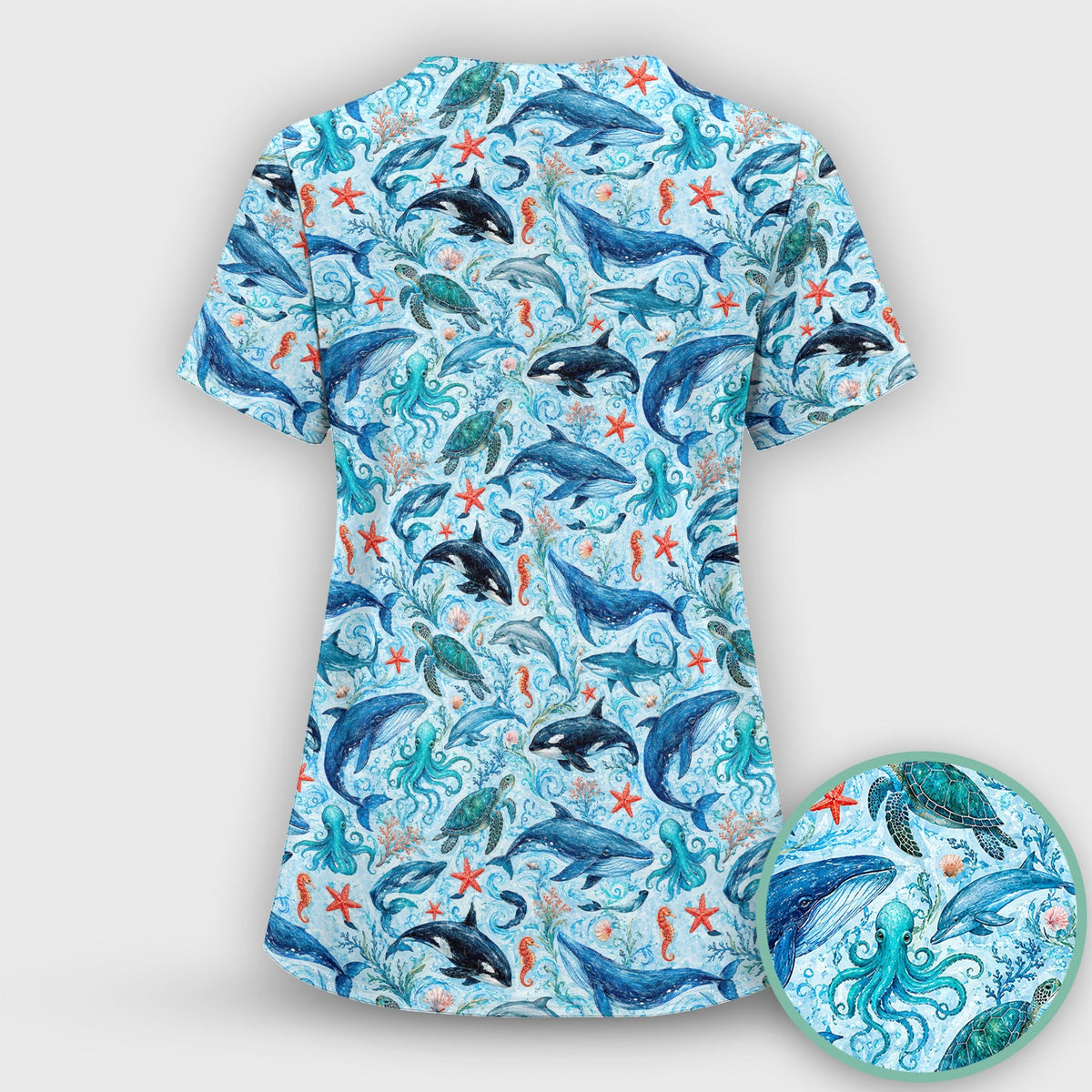 Watercolor Ocean Wildlife Scene Nurse Scrub Top