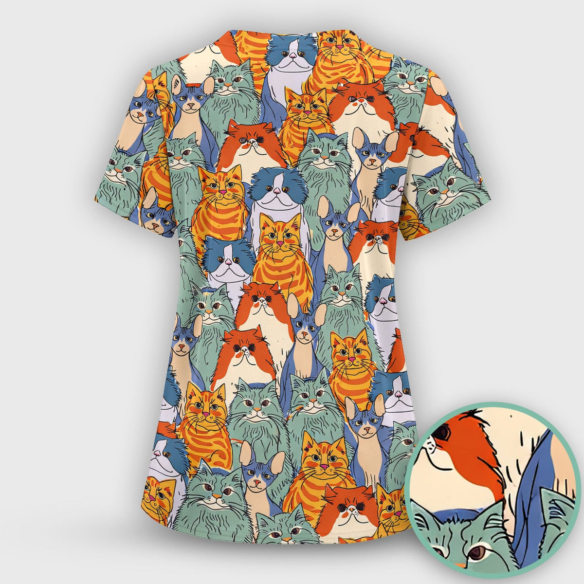 Multicolor Cat Faces Nurse Scrub Top