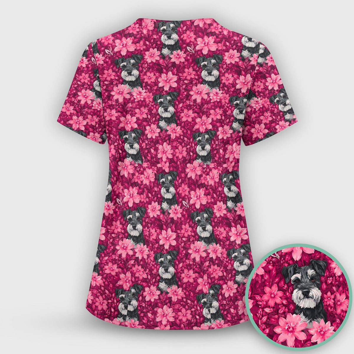 Pink Floral Schnauzer Nurse Scrub Top