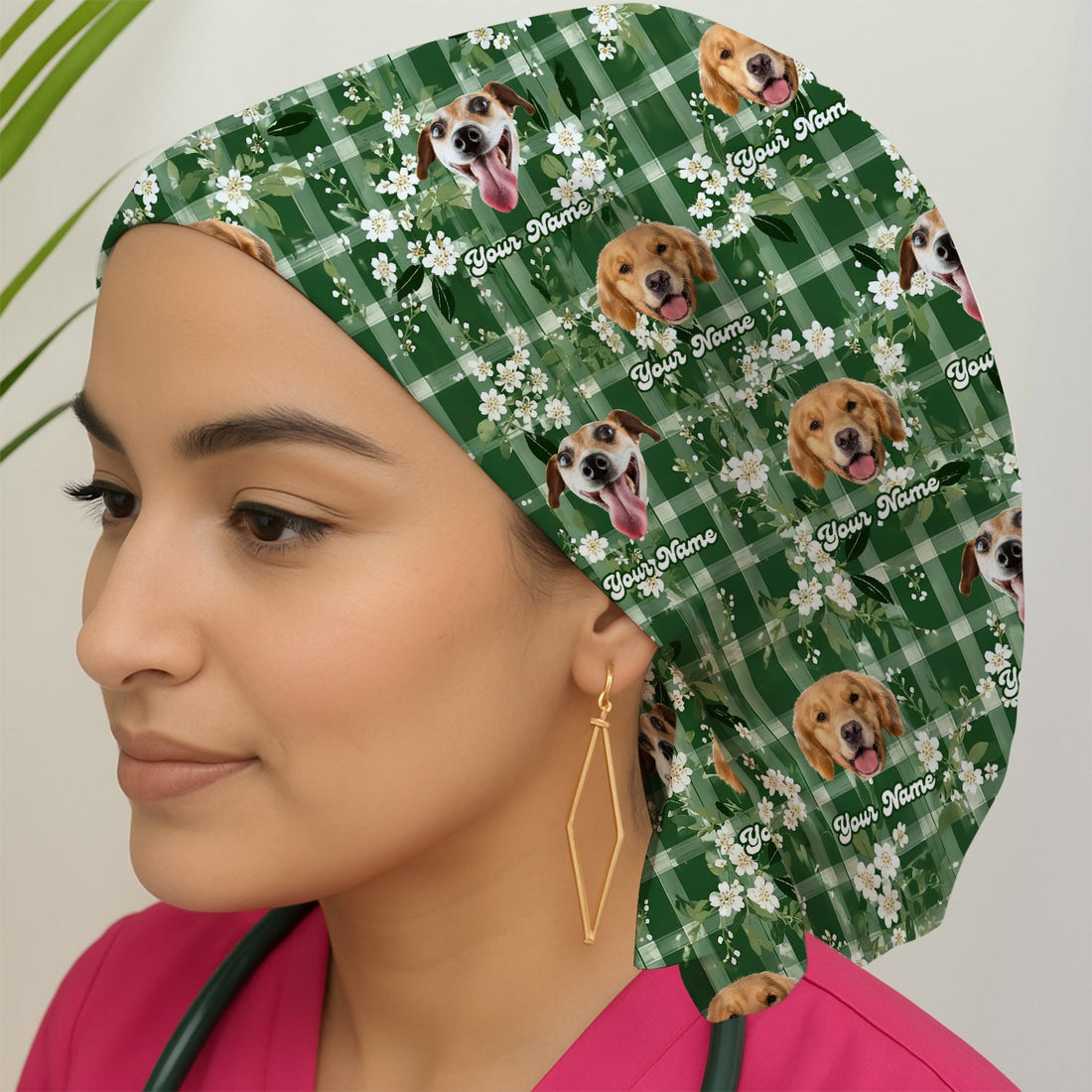 Dog Face Green Plaid Floral Scrub Cap