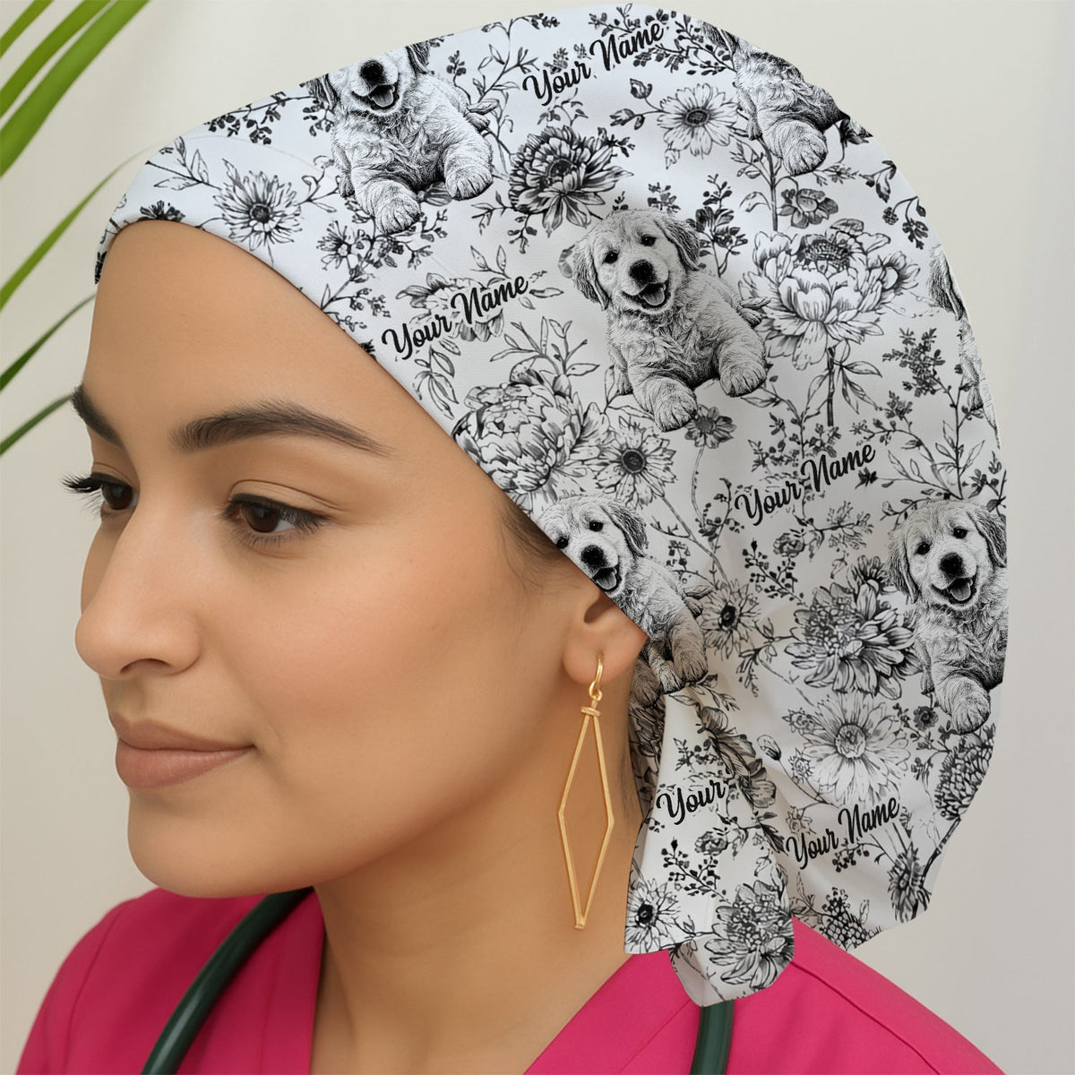 Personalized Pet Photo Floral Scrub Cap