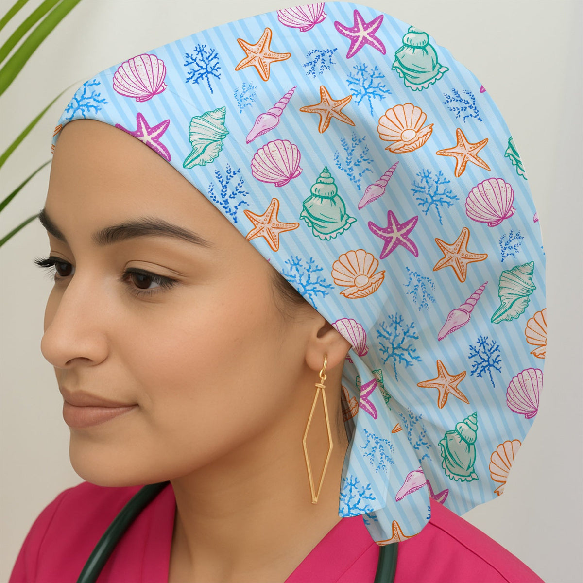 Colorful Seashell Starfish Ocean Stripe Scrub Cap