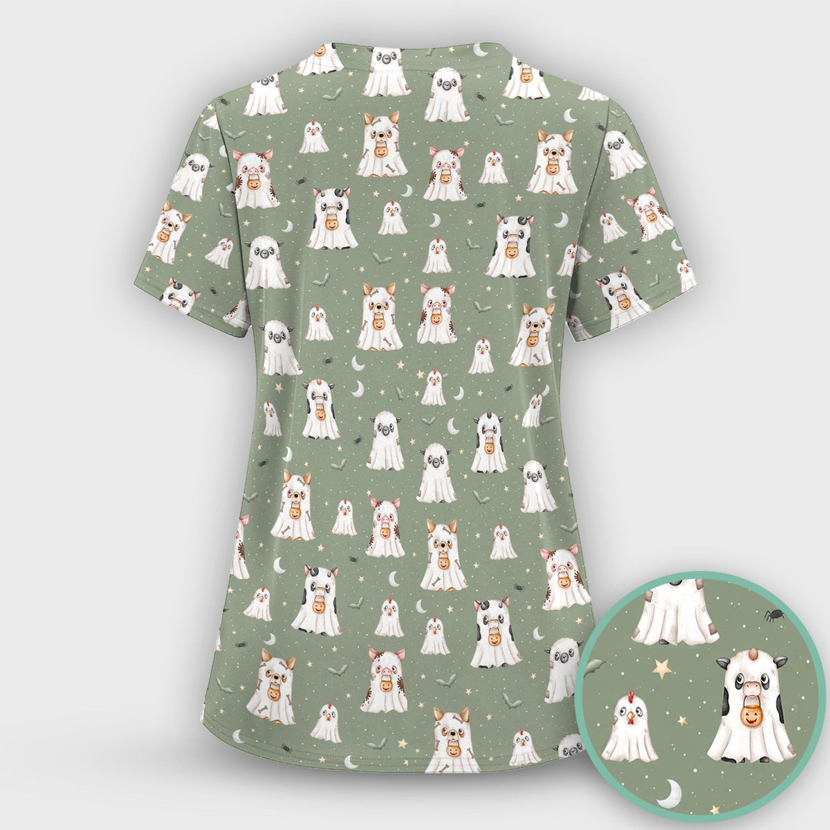 Spooky Farm Animal Ghost Nurse Scrub Top
