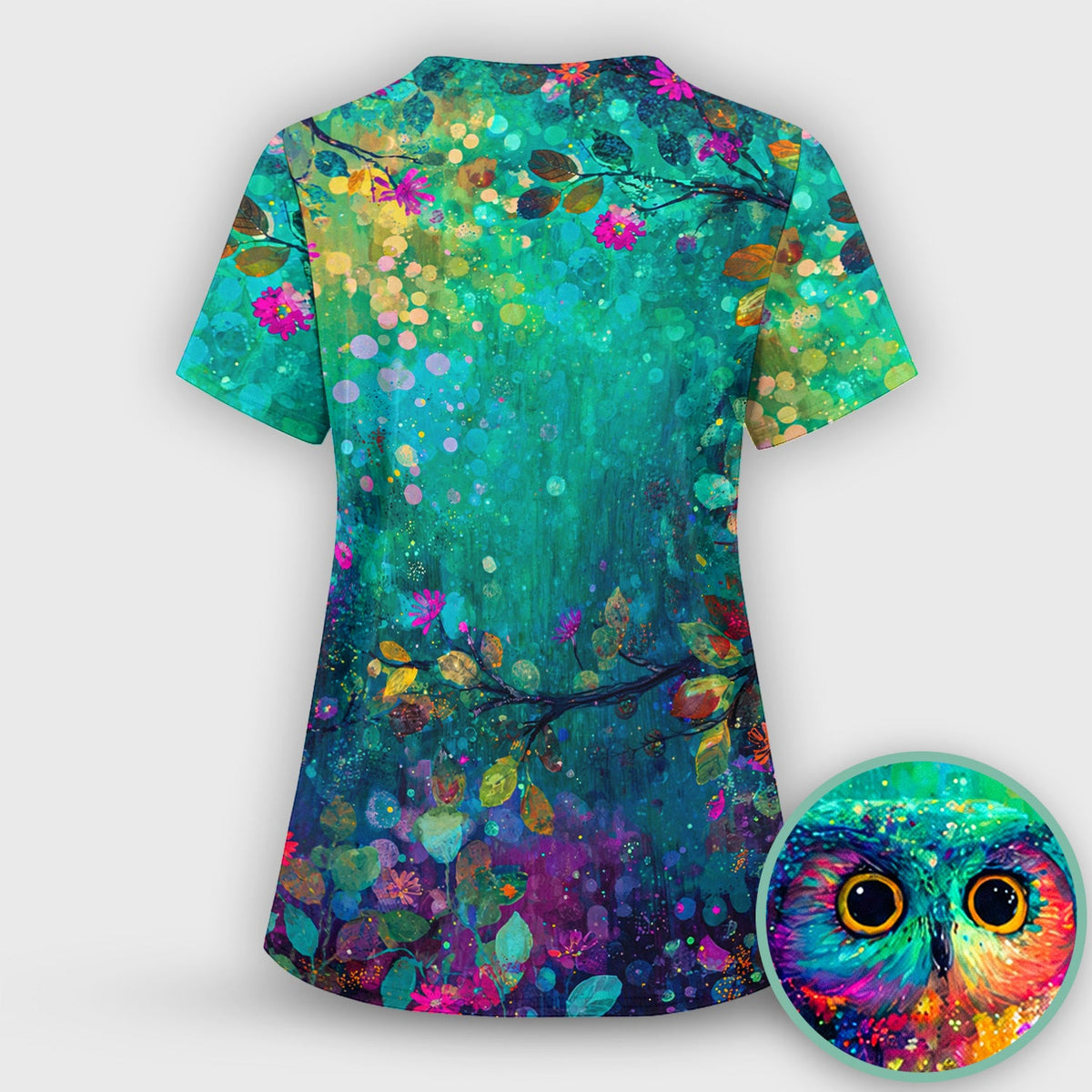 Colorful Owl Forest Nurse Scrub Top