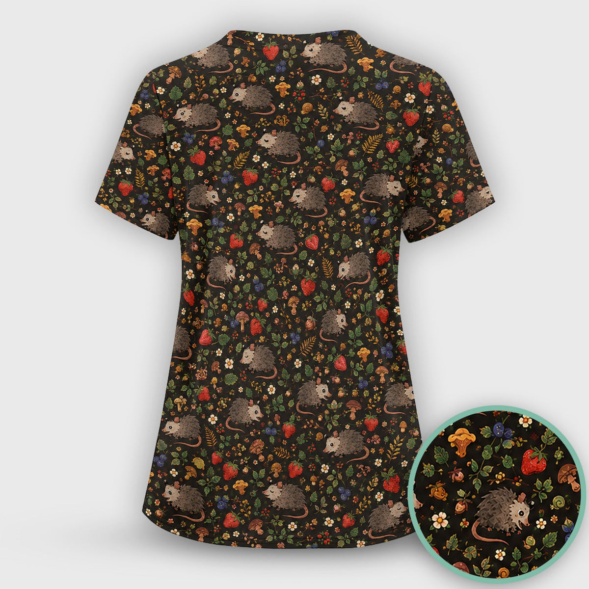 Woodland Opossum Berry Mushroom Nurse Scrub Top